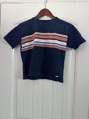 Hollister Navy Cropped Tee with Cream, Rust and White Stripes
